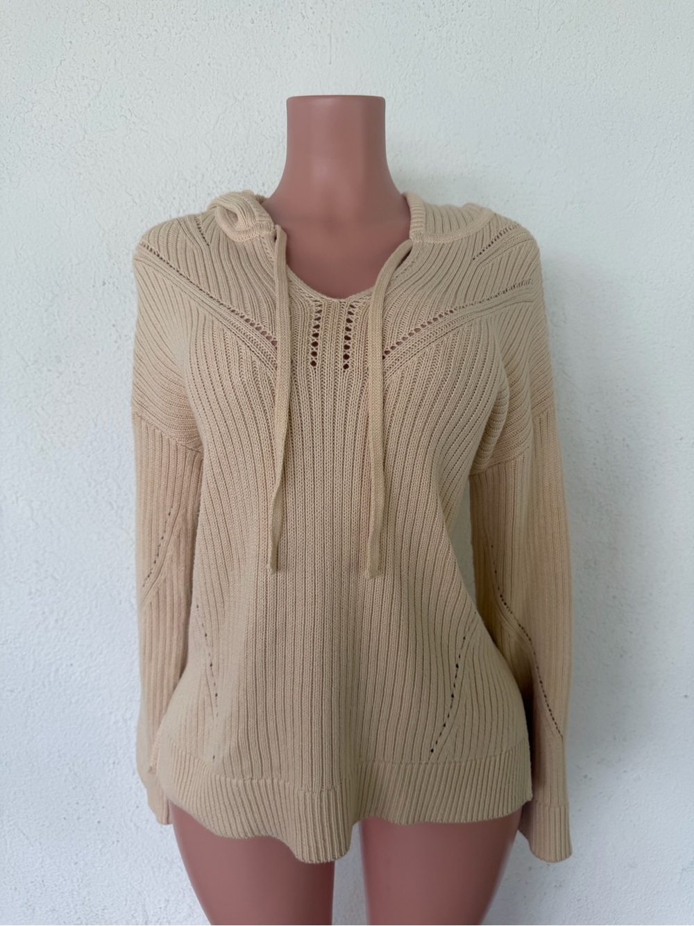 Martha Stewart Cream Hooded Ribbed Knit Pullover